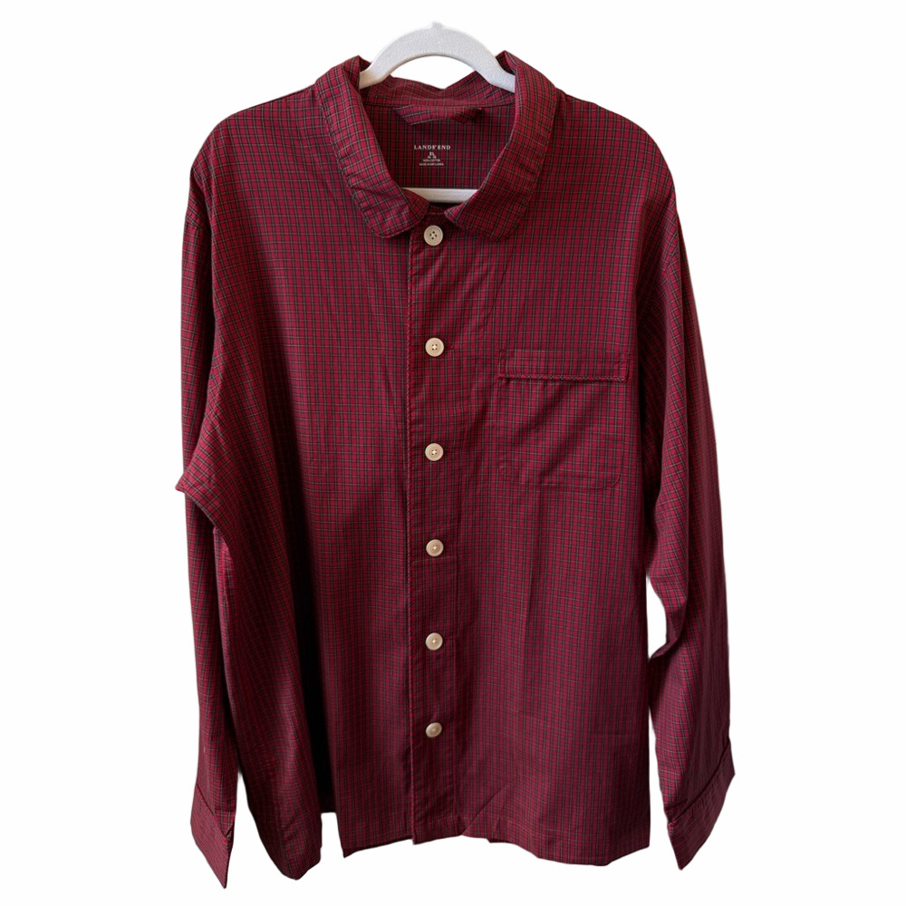 Lands' End Broadcloth XL Red Plaid Pajama Top Long Sleeve NEW w/Tags Button Up